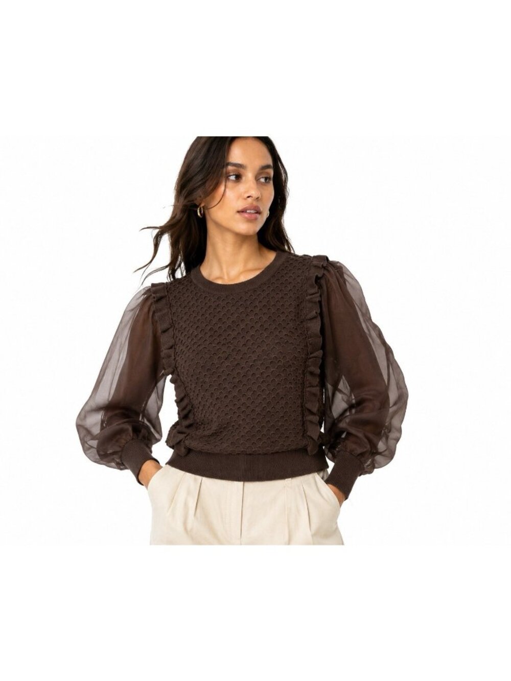 ANTHROPOLOGIE sweater brown XL honeycomb puff sleeve statement earth tones